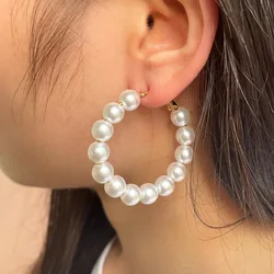 Simulated Pearl Hoop Earrings for Women Temperament Simple Round Circle Hang Ear Fashion Wedding Jewelry Valentine's Day