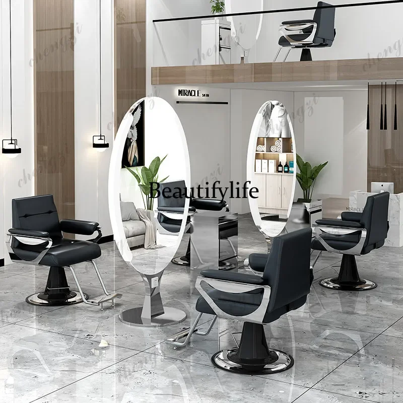 New barber shop simple and fashionable hair mirror hair salon special stainless steel double-sided floor mirror