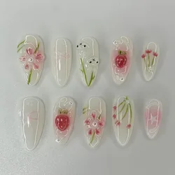 10pcs Handmade Press on Nails Sweet Strawberry Flower Design Almond Fake Nails Wearable Ins Simple Fresh Spring False Nails