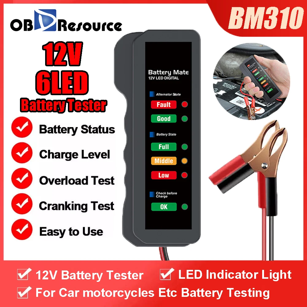 OBDResource 12V Car Battery Tester BM310 Digital Alternator Tester 6 LED Light Display Car Battery Tester Diagnostic Tool