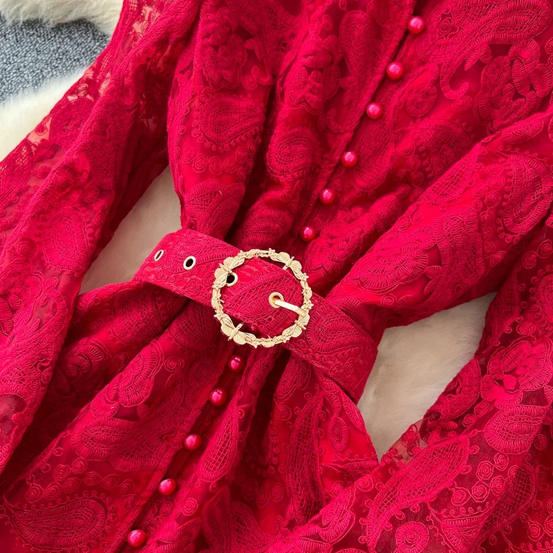 Spring Autumn High End Elegant Birthday Party Women's Dress New French Hook Flower Single Breasted Slim Lace Long Dress S89