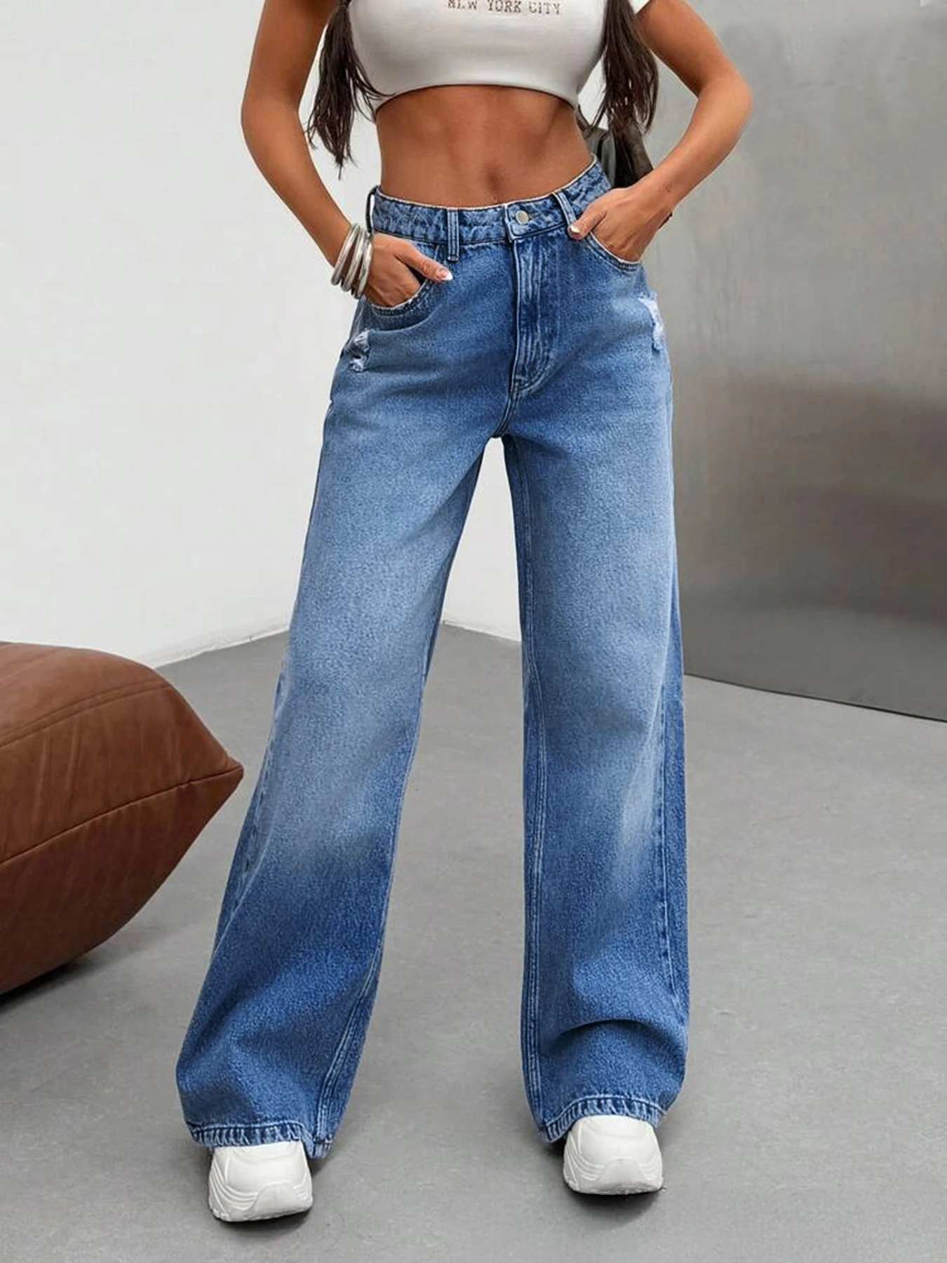 جينز نسائي عالي الخصر واسع الساق على الطراز القديم من التسعينيات، جينز فضفاض، طراز Y2K، مناسب للجينز الربيع والصيف