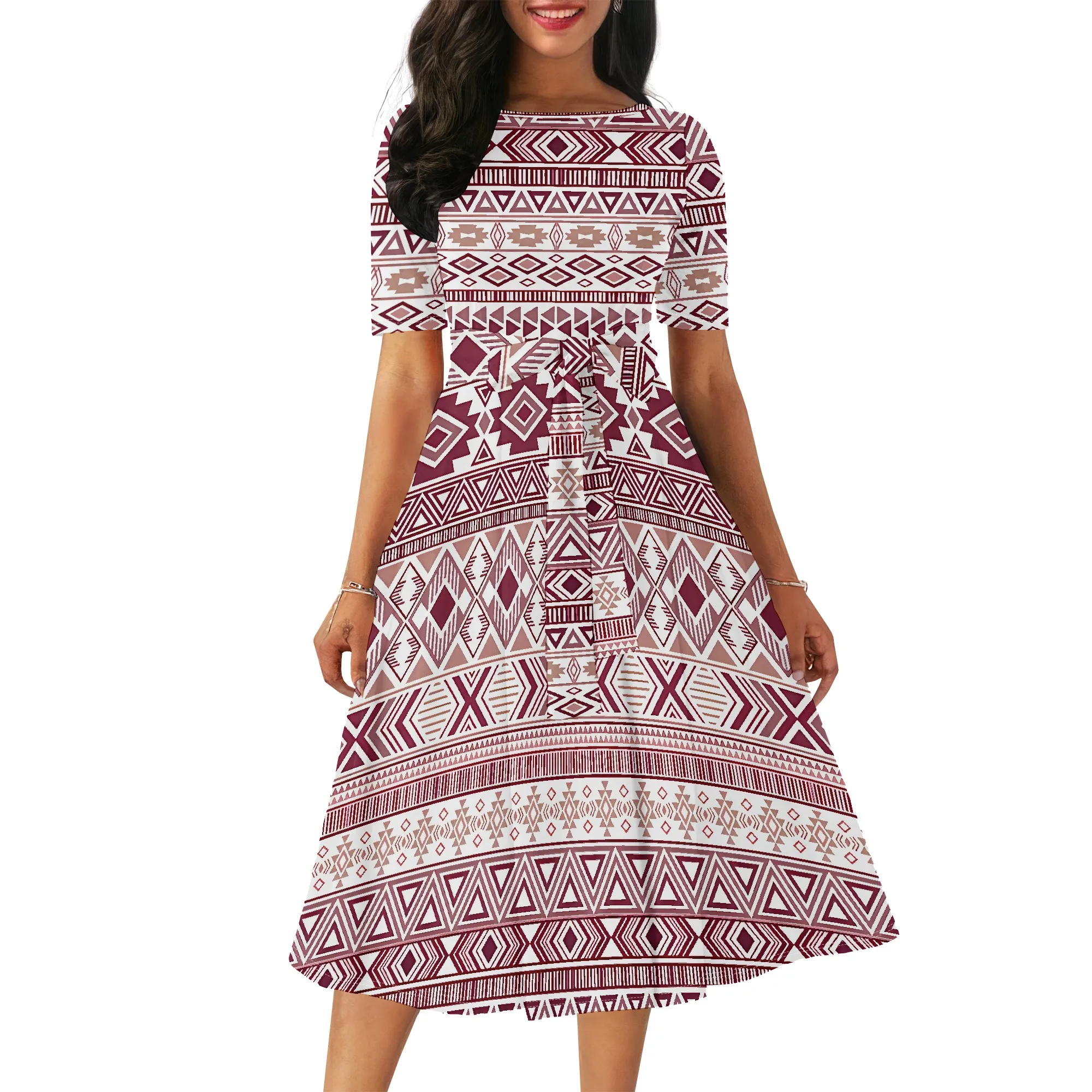 EQQZD Short Sleeve Crew-Neck Dress with Pocket & Belt, Boho Style Pattern Print Dress for Women