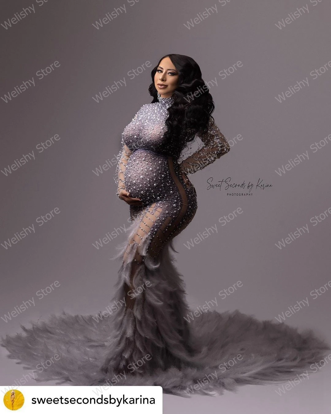 Glitter Beaded Maternity Gowns For Photo Shoot Sexy Crystal Diamond Mermaid Long Pregnant Dresses Women Feathers Mermaid Gown