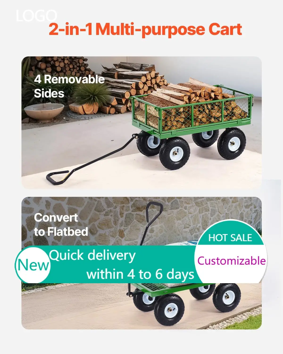 900 Lbs Steel Garden Cart on Wheels, Heavy Duty Pullable Garden Wagon Yard Cart, and 180°Rotating Handle