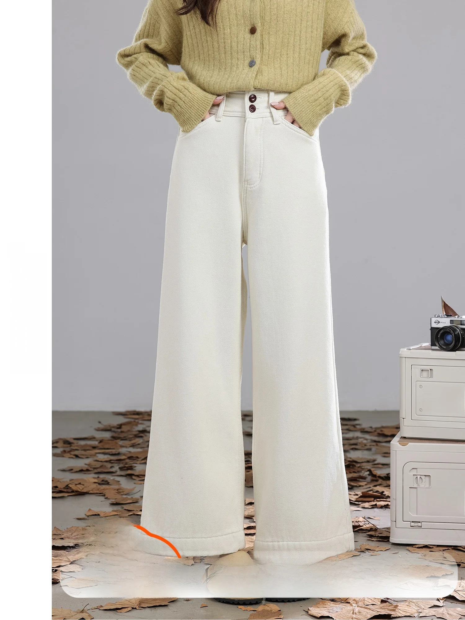 

Белые джинсовые джинсы Snowy Countryside Walk с высокой талией, свободные широкие женские модные зимние джинсы, Новое поступление, джинсы на подкладке Fce