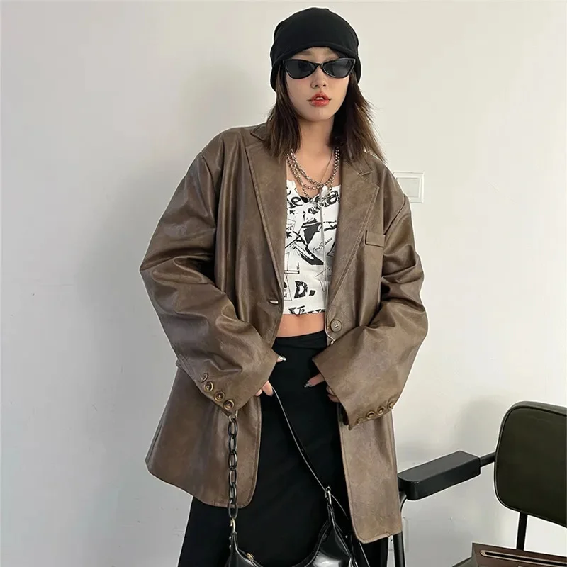 Giacca in finta pelle PU marrone Primavera Autunno Donna Casual Colletto dentellato allentato Manica lunga Cappotto imitazione Chaqueta Mujer