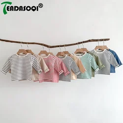 2023 Autumn Blouse with Sleeve for Baby Boys Simple Striped Long Sleeve T-shirt Pullover Bottoming Shirt Girls Cotton Undershirt