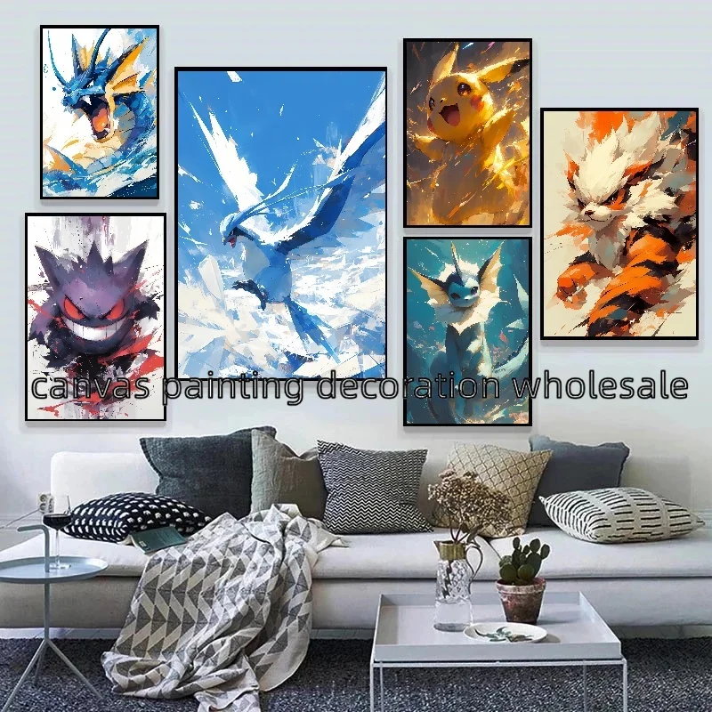 Kryty plac zabaw dla dzieci Wall Art Anime Pokemon plakat postać Pikachu Gengar Mewtwo akwarela obraz na płótnie prezent