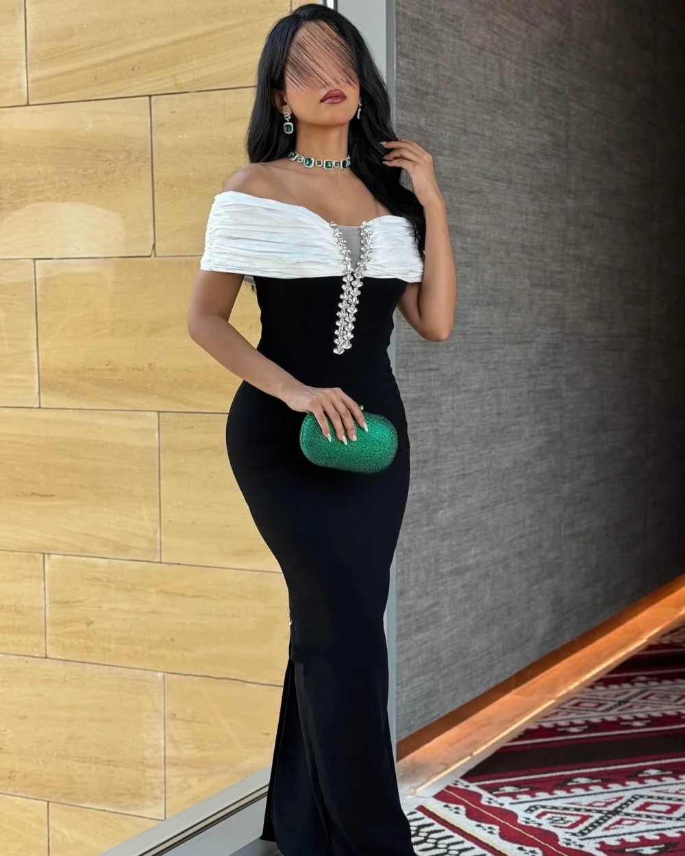 

Customized Modern Style Matching Jersey Rhinestone Pleat Mermaid Off-the-shoulder Ankle Length Dresses Bespoke Occasion Dresses