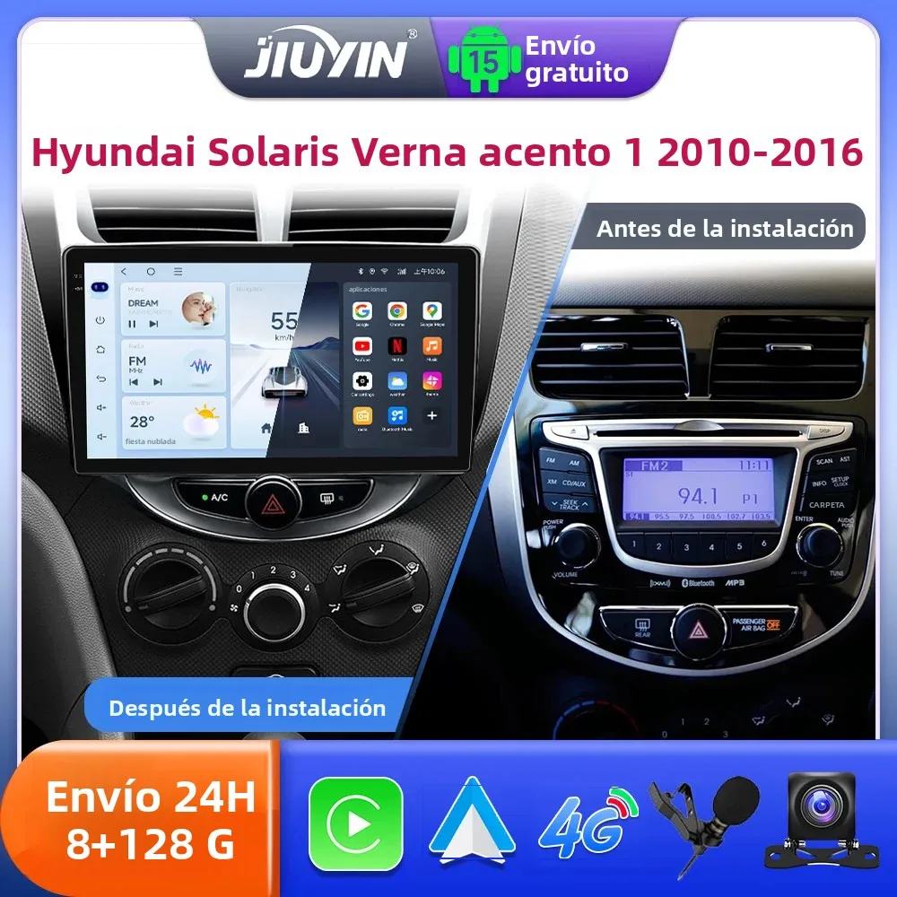 Radio para Auto JIUYIN de 9 Pulgadas con Android 15 para Hyundai Accent Verna Solaris 2010-2016, Reproductor Multimedia de Video, Carplay, 4G, WIFI, GPS, Unidad Principal