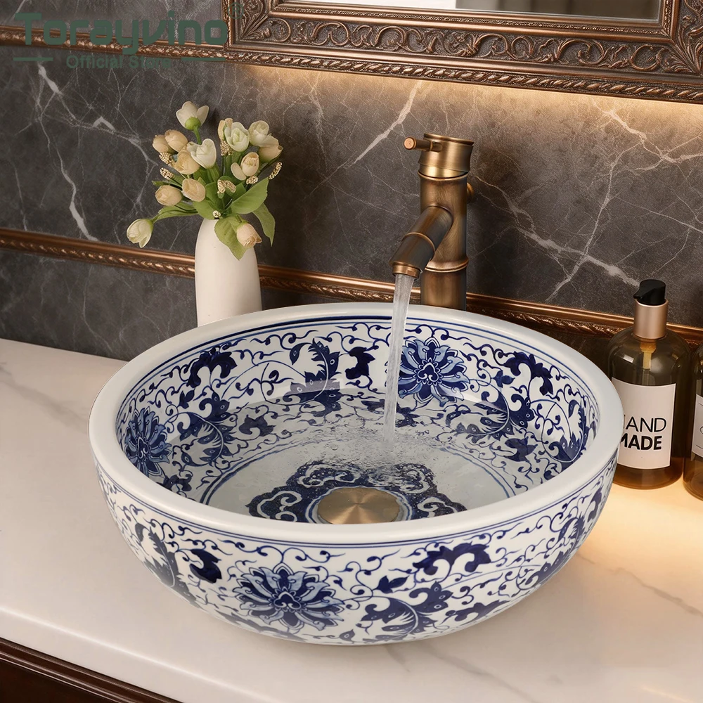 Torayvino Ceramic Bathroom Sink Faucet Set Round Lavatory Blue and White Porcelain Washbasin Vessel Basin Tap W/ Pop-up Drain