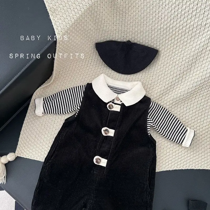 Autumn and winter handsome baby boy 100 day old clothes striped knitted sweater corduroy sleeveless jumpsuit