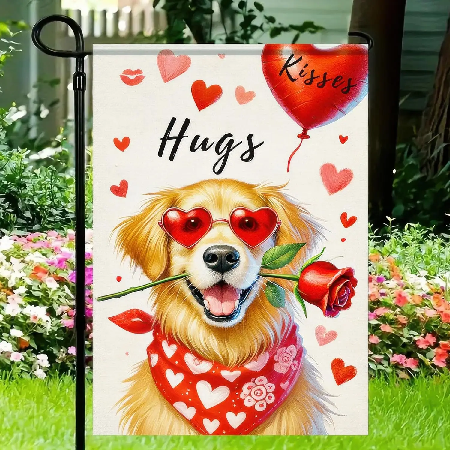 Valentines Day Garden Flags 12x18Inch Double Sided Golden Retriever Garden Flag Cute Puppy Red Rose Heart Yard Lawn Outside  EEZ