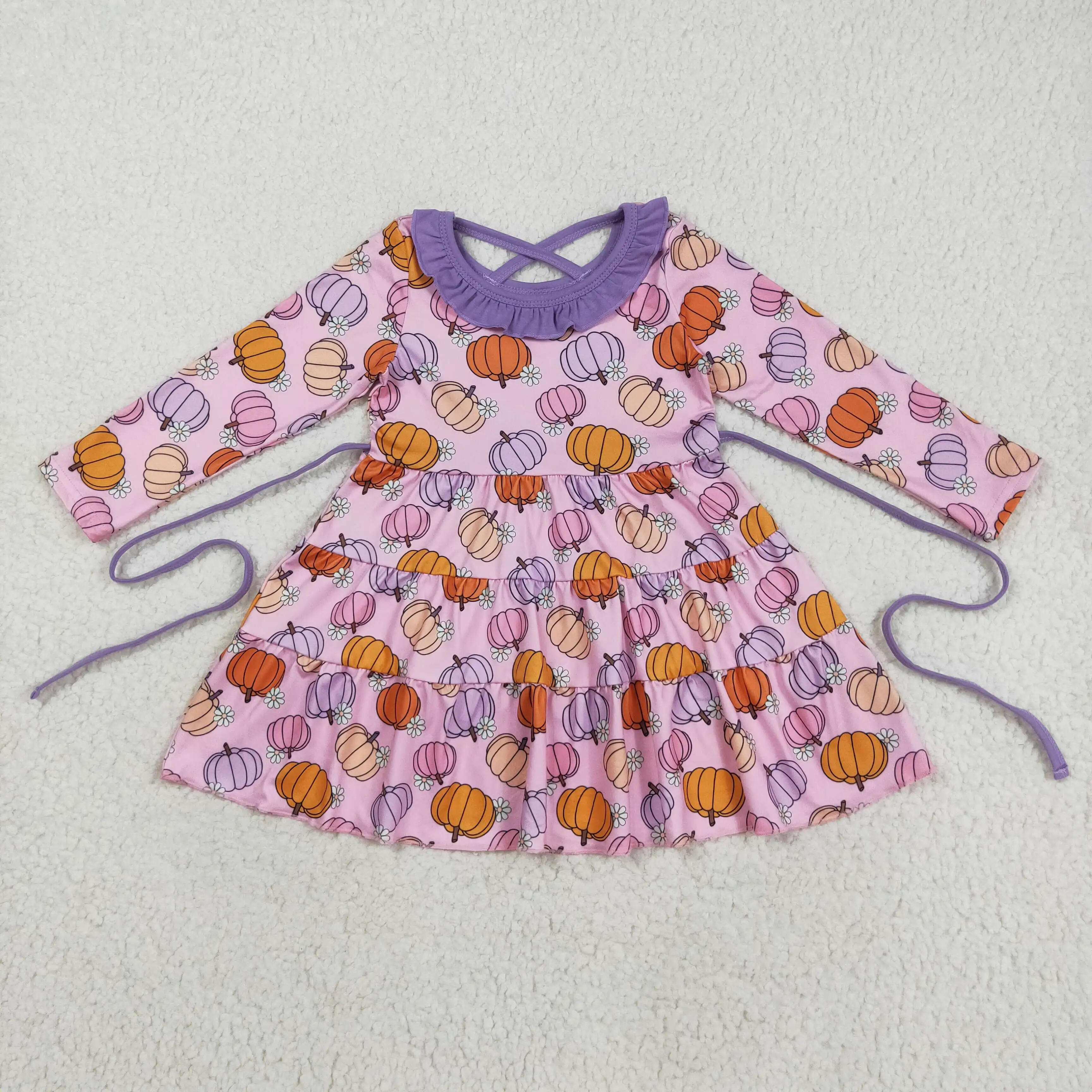 

Long Sleeve Baby Girls Dress Thanksgiving Winter Girls Dress Wholesale Boutique Embroidered Turkey Blue Plaid Doll Collar