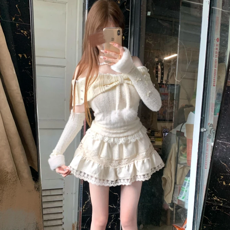 

Зимний женский костюм Lolita Sweet Kawaii, французский утягивающий комплект из 2 предметов, топы на одно плечо + пышная юбка, корейская модная женская одежда