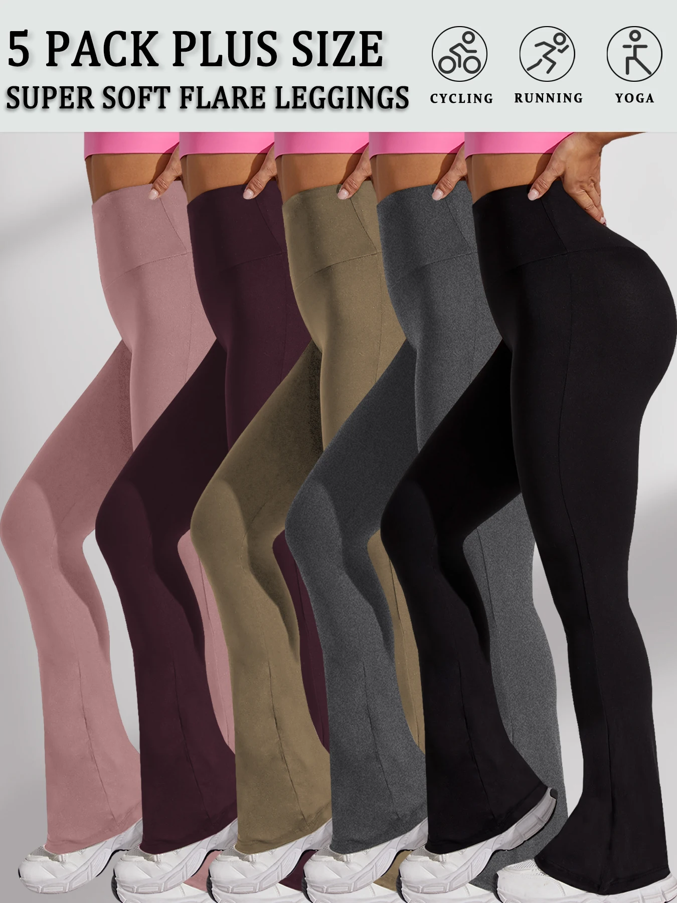 5 Pack Plus Size Women's Super Soft High Waisted Flare Pants, Leggings Tummy Control Soft Bootleg Bell Bottoms Running