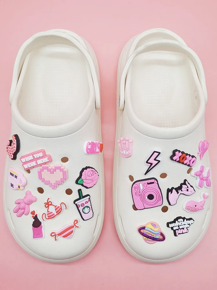 Kawaii Pink PVC Shoe Charms Funny Pattern Buckle Decorations Diy Combination Clog Shoes Accessories For Women Bubble Sandals