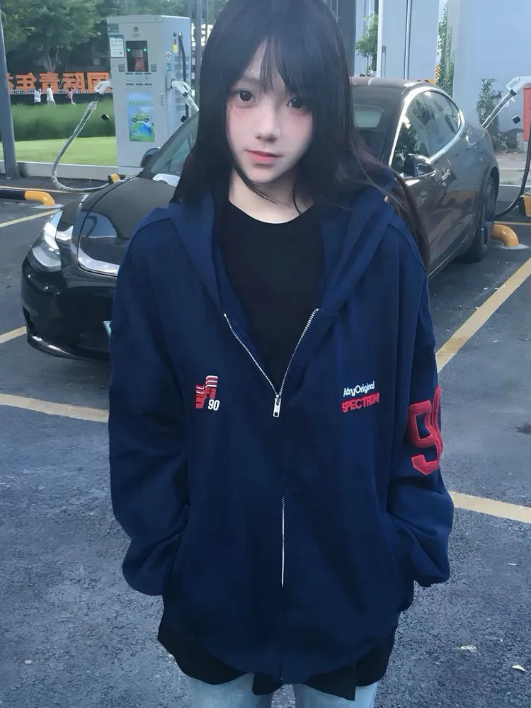 

Pure Cotton Heavyweight Embroidered Open Cardigan Hoodie Spring Autumn American Retro Sports Jaet Loose Fit Long Sve Zipper