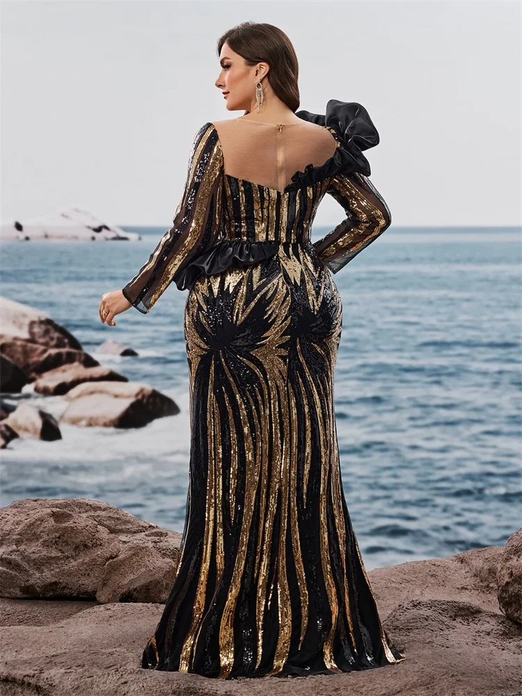 فساتين سهرة Lucyinlove مقاس كبير فاخرة مكشكشة بالترتر أنيقة بأكمام طويلة حورية البحر لحفلات الزفاف الرسمية وحفلات الكوكتيل