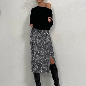 Elegante Weihnachts -Pailletten Lange Kleider in der Nacht hoher Taille Sexy Midi Rock Schlitz Silber Midi Paillettenrock für Frau 2024 8 Hauptverkäufe junge Gala -Kleider - №2