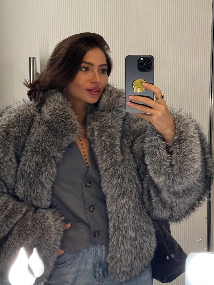 

Lapel Fluffy Faux Fur Coat Women 2025 Winter Stand Collar Long Sleeve Loose Short Cardigan Jacket New Lady Daily Commute Outwear