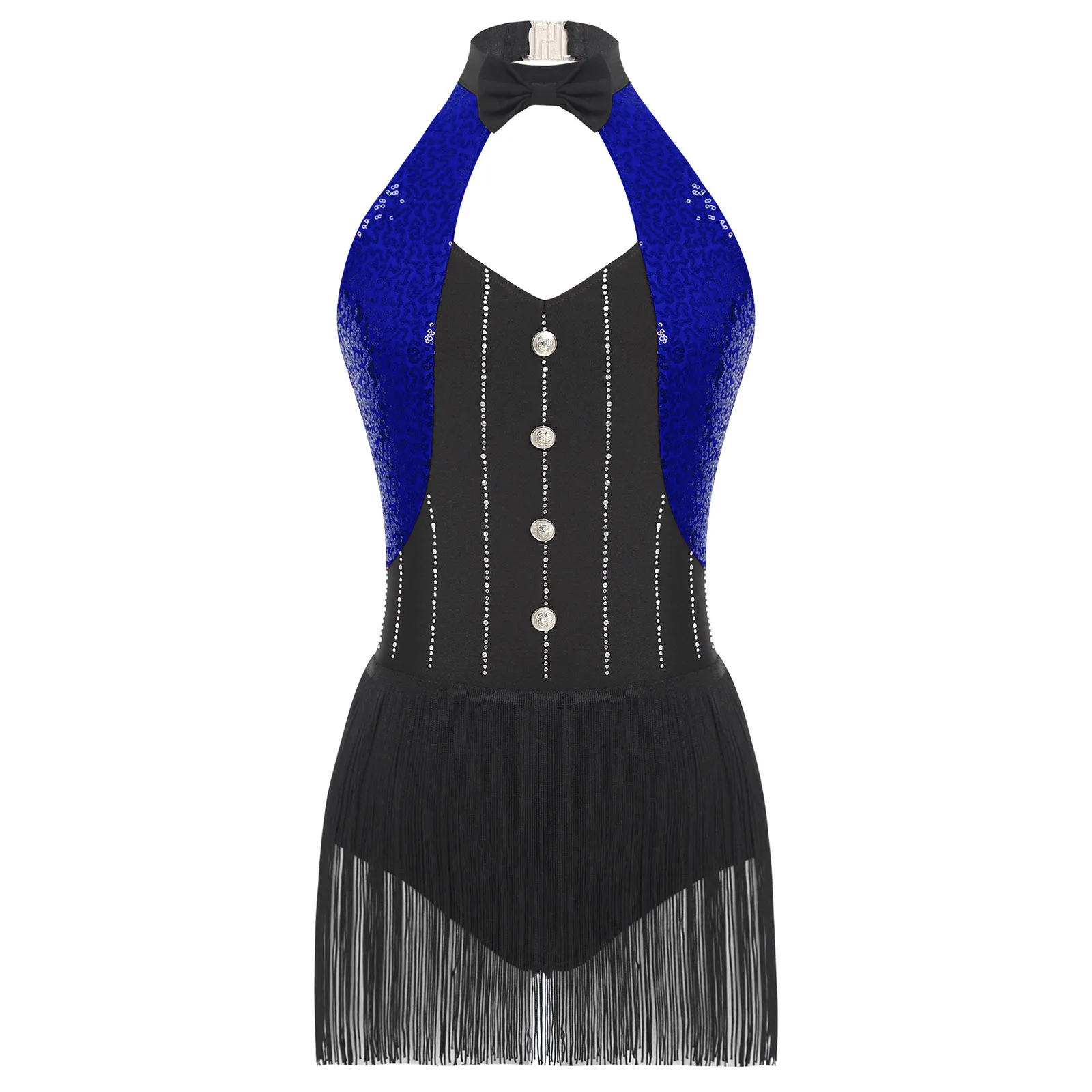 Tassel Latin Jazz Dance Dress Sequins Fringe Bodysuit Womens Halter Rhinestones Bow Tie Backless Leotard for Stage Performance