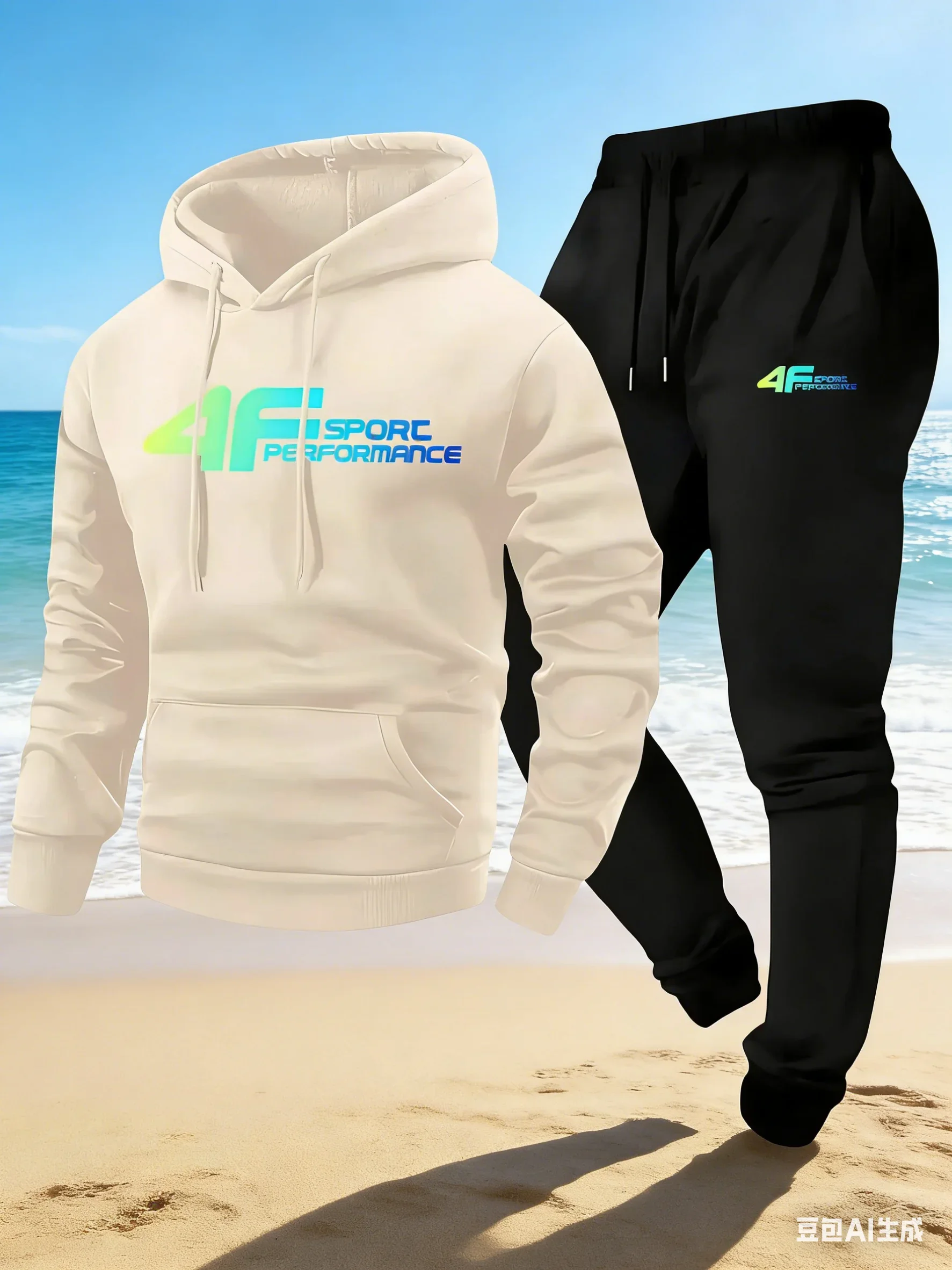 

4F толстовка с буквенным принтом, мужской флисовый комплект с капюшоном и брюками, весна-осень-зима, теплый повседневный спортивный пуловер, комплекты брюк