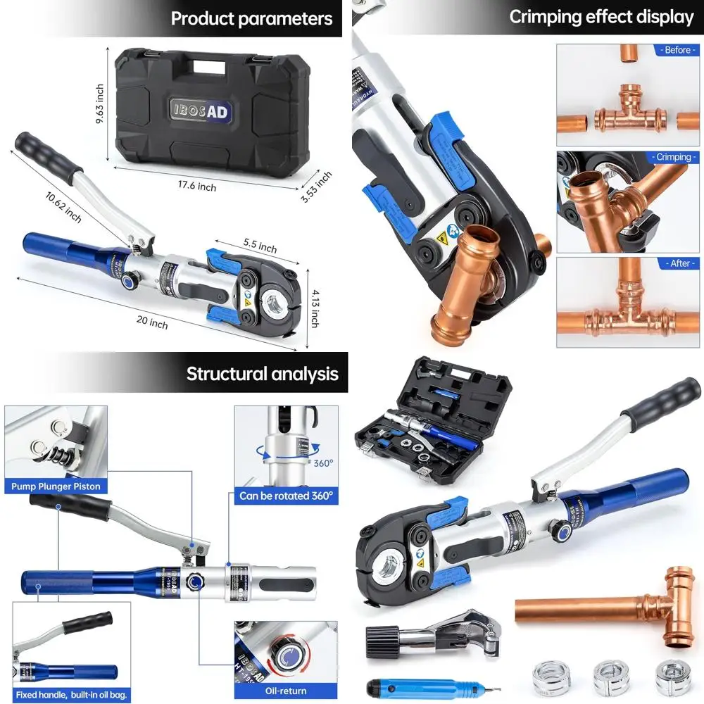 

Universal Hydraulic Crimping Tool for Copper Tubes - 1/2, 3/4, 1 Jaws, Ideal for Tight Spaces and Tee Fittings