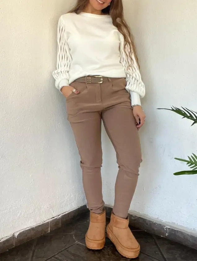 

Elastic Waist Padded Stretch Slim Fit Calf Pants with Pocket