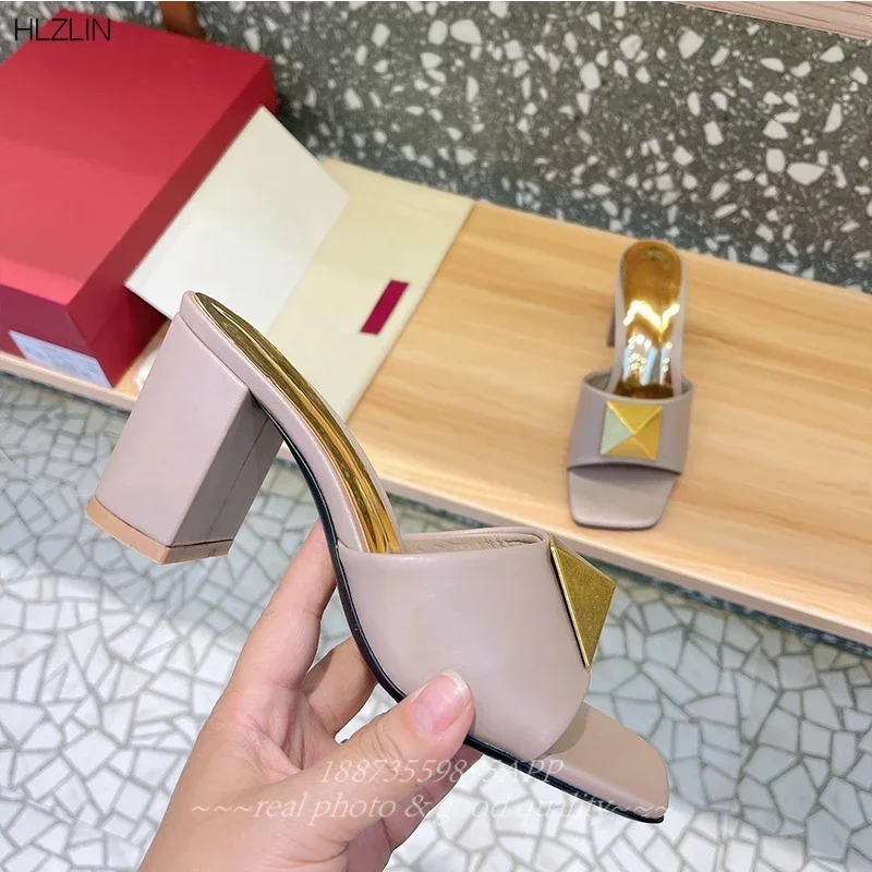 Riveted open toe leather patent leather high heels women's slippers fashion one-line support increase 7cm high heels slippers