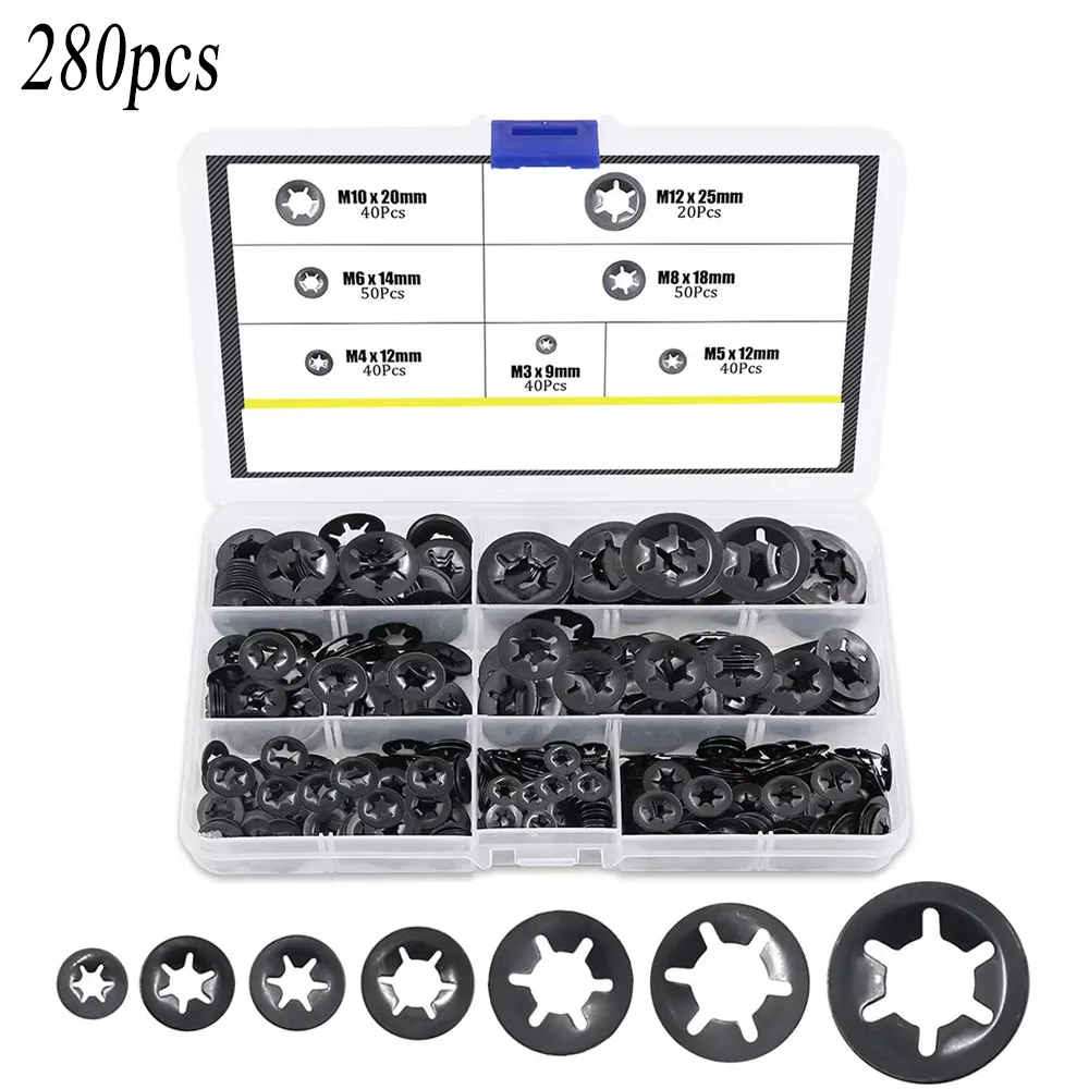 280pcs Bearing Clamp Washer Retaining Ring Flower Push Lock Fastener Combination Kit Quick Lock Washer M3, M4/M5/M6/M8/M10/M12