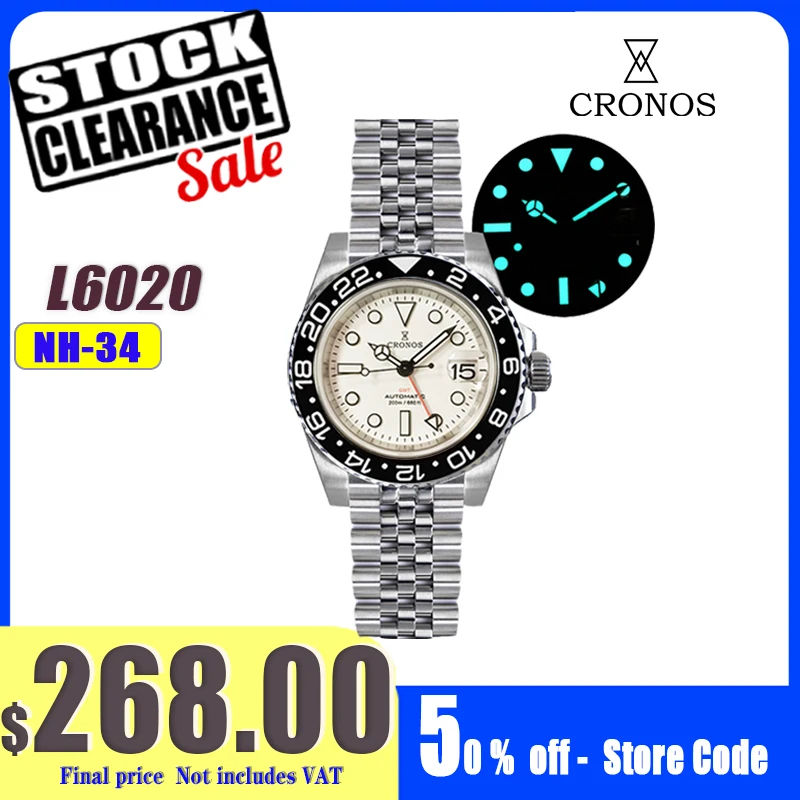 Cronos GMT Automatic Men Watches Bidirectional Bezel Sapphire 20 ATM NH34 Solid 5 Links Printed Logo Metal Bracelet BGW-9 L6020