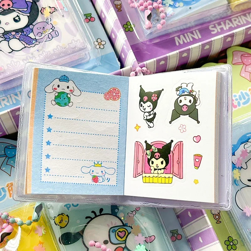 2pcs/set Sanrio Flowing Sand Mini Notebook Beautiful Sticker Book Cute Kuromi Melody Tearable Share Book Girl Portable Pendant