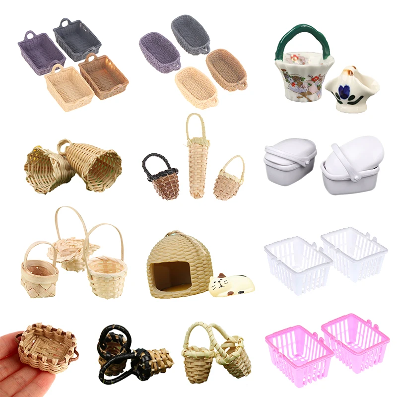 Mini 1/12 Dollhouse Rattan Iron Frame Hand-woven Vegetable Food Storage Basket Dolls Miniature Furniture Decoration Accessories