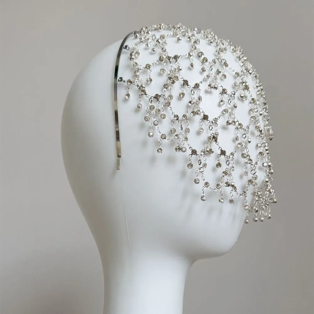 Bar Mitzvah Crown Hair Hoop Head Chain Net Shape Korean Style Grid Rhinestone Hair Band Bride Tiaras Hair Accessories