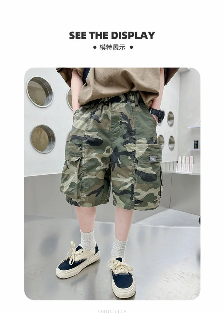 Kinder Sommer Camouflage Shorts für Jungen im Teenageralter, Freizeitkleidung, Baumwolle, elastischer Bund, Cargo-Shorts mit Tasche für Teenager. – Detail 2