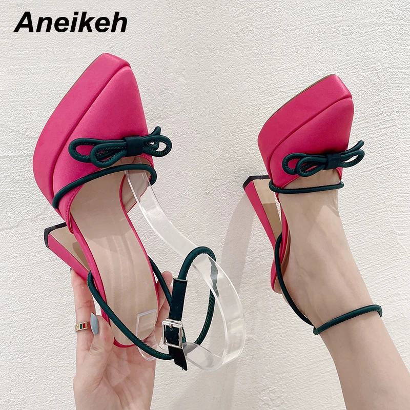 

Aneikeh Spring/Autumn Classics Butterfly-Knot Decoration Pointed Toe High Heel Platform Women Party Wedding Ankle Buckle Pumps