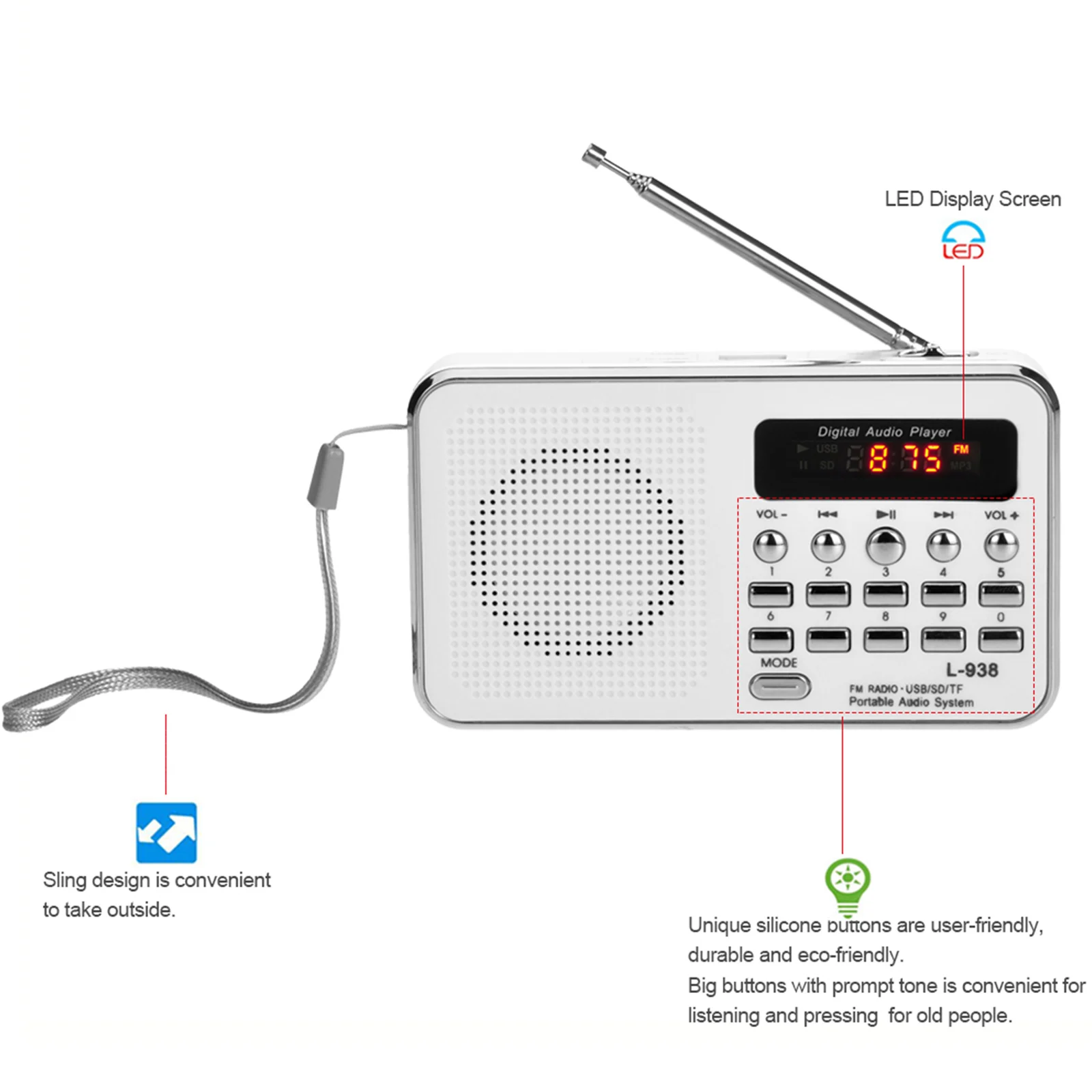 L-938 Mini FM Radio Digital Portable 3W Stereo Speaker MP3 Audio Player High Fidelity Sound Quality w/ 1.5 Inch Display Screen