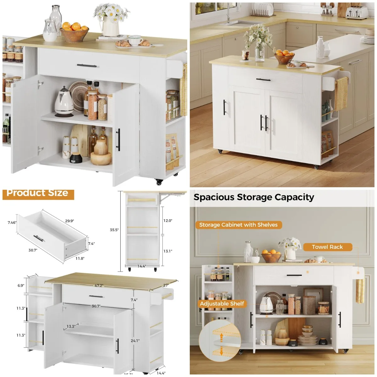 

Kitchen Island with Storage, 47.2' Rolling Cart with Drop Leaf, Drawer & Towel Rack