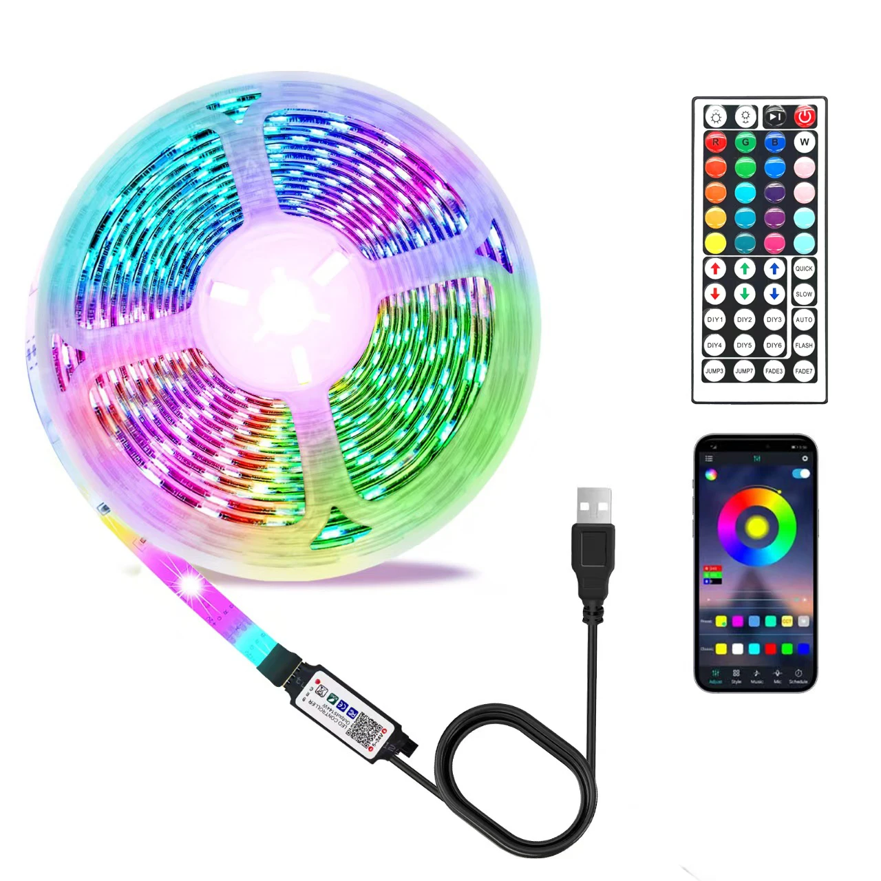 Tira de Luces LED RGB 5050 con Control Remoto IR de 44 Teclas y Control por Aplicación, Lámpara Decorativa Flexible y Colorida para Gabinetes, Habitaciones y Fiestas