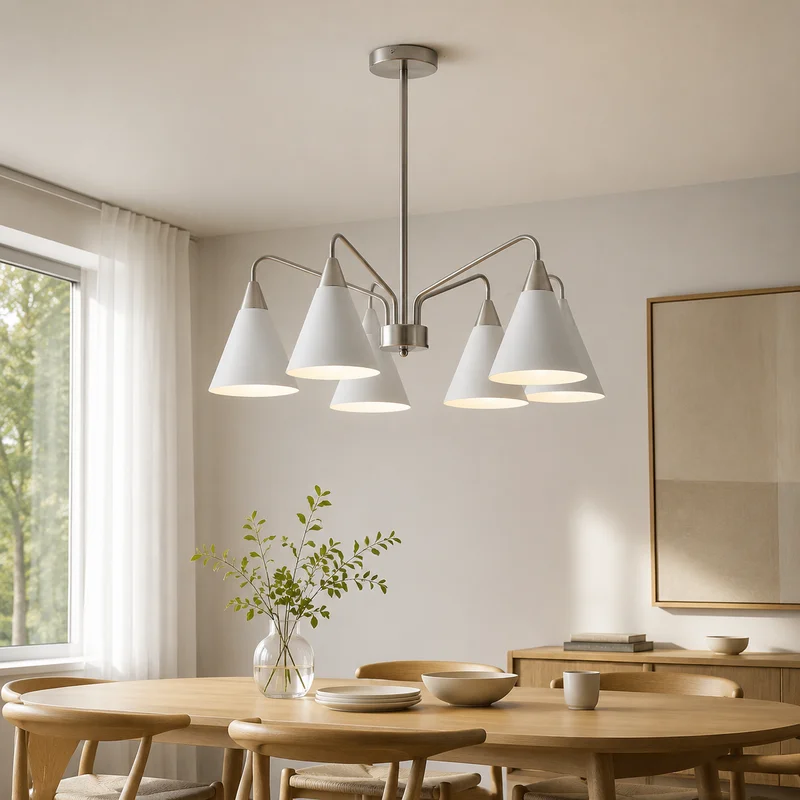 Modern Scandinavian Metal Cone Shade Minimalist White Multi Head Hanging Design For Dining Room