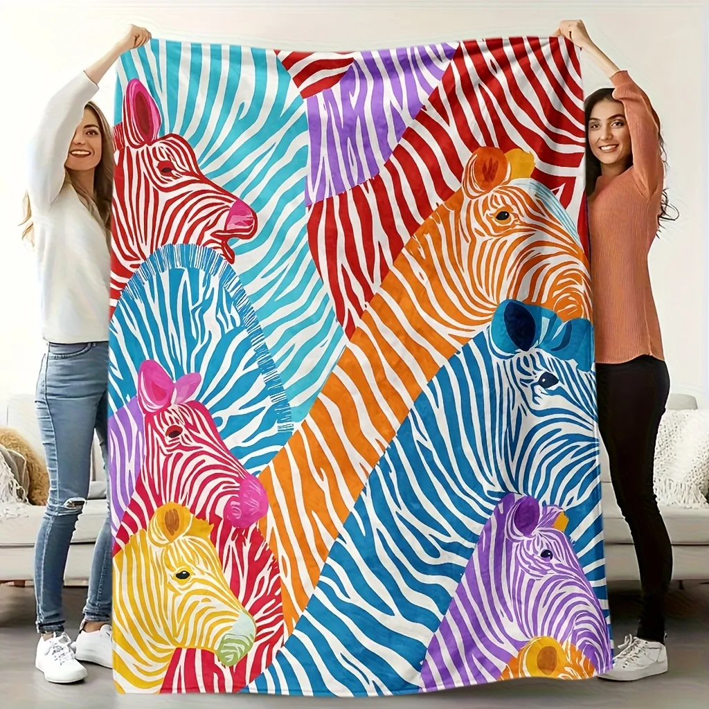 Colorful Zebra Pattern Fleece Blanket | Soft High-Definition Digital Print, All-Season,  Polyester, Perfect Gift for Family