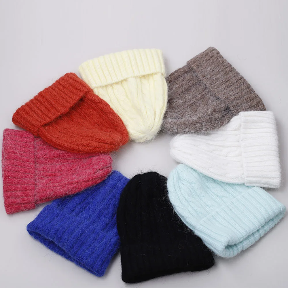 Female Cashmere Blend Winter Hat Long Fur Warm Soft Wool Knitted Hats Women Skullies Beanies Wholesale