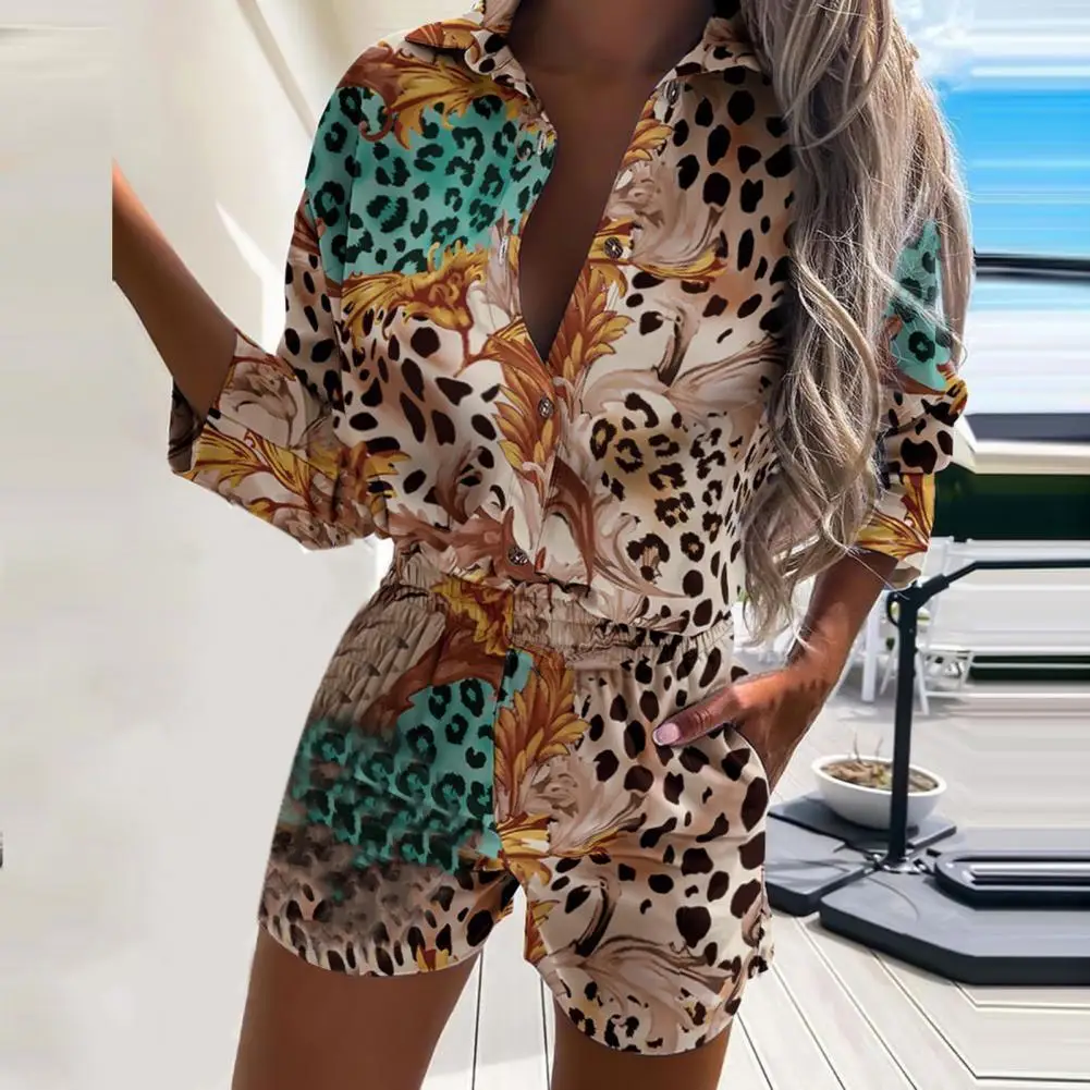 Fashion Leopard Print Women Two Piece Sets 2021 Autumn Turn-Down Collar Tops + Summer Shorts Suit Casual Button Shirts Outfits