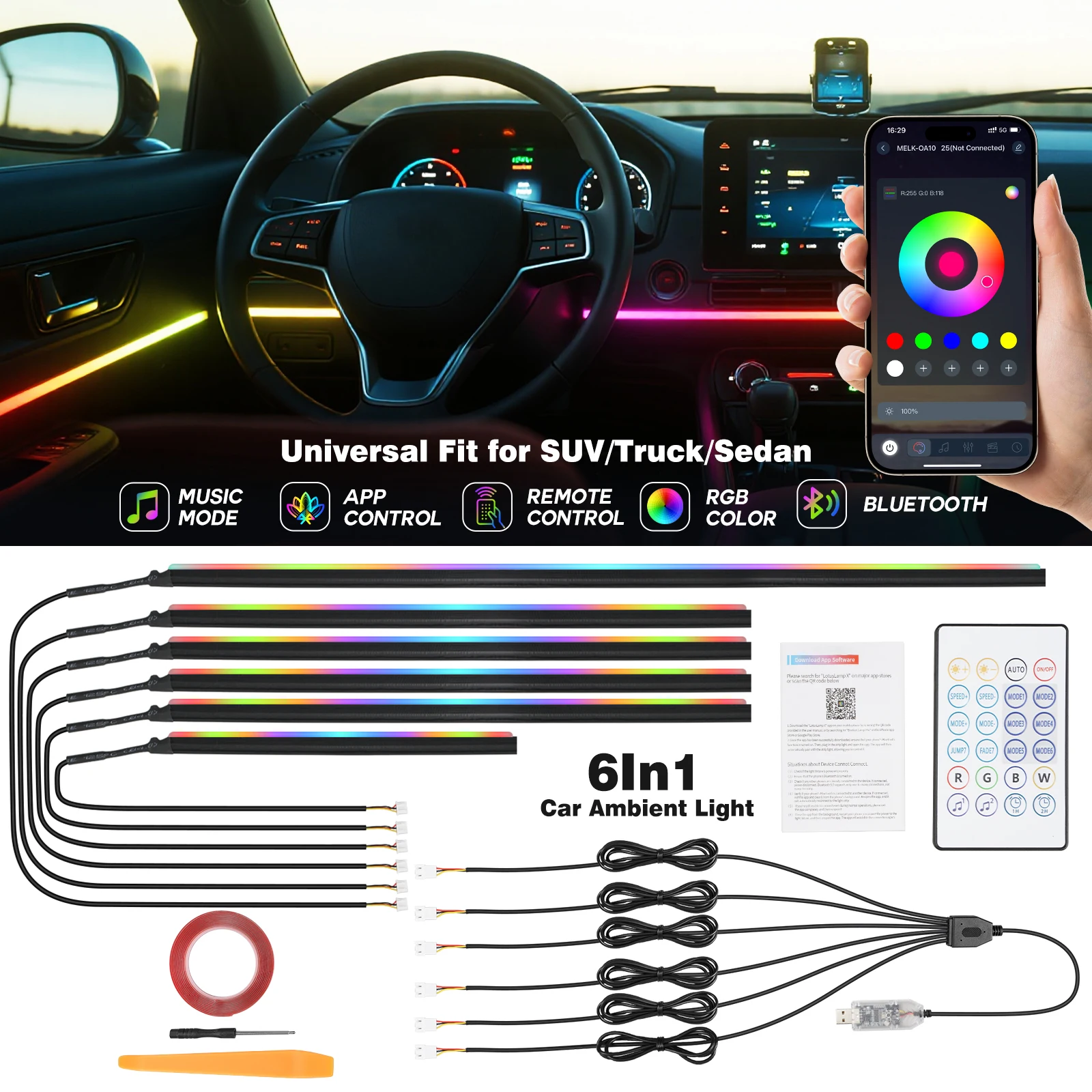 

BEVINSEE красочная окружающая полоса света автомобиля 6в1 RGB акриловые светодиодные лампы окружающего освещения неоновые украшения автомобиля приложение дистанционное управление USB-разъем 12 В