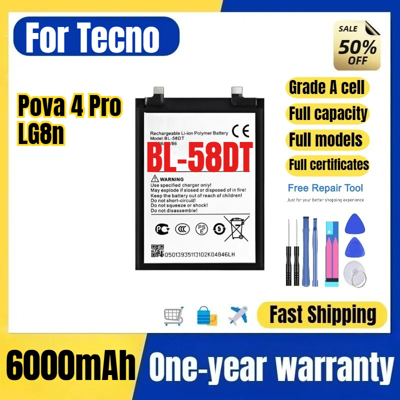 BL-58DT for Tecno Pova 4 Pro/LG8n Phone Battery High Quality High Capacity Battery Replacement Bateria Grade A Cell with Tools