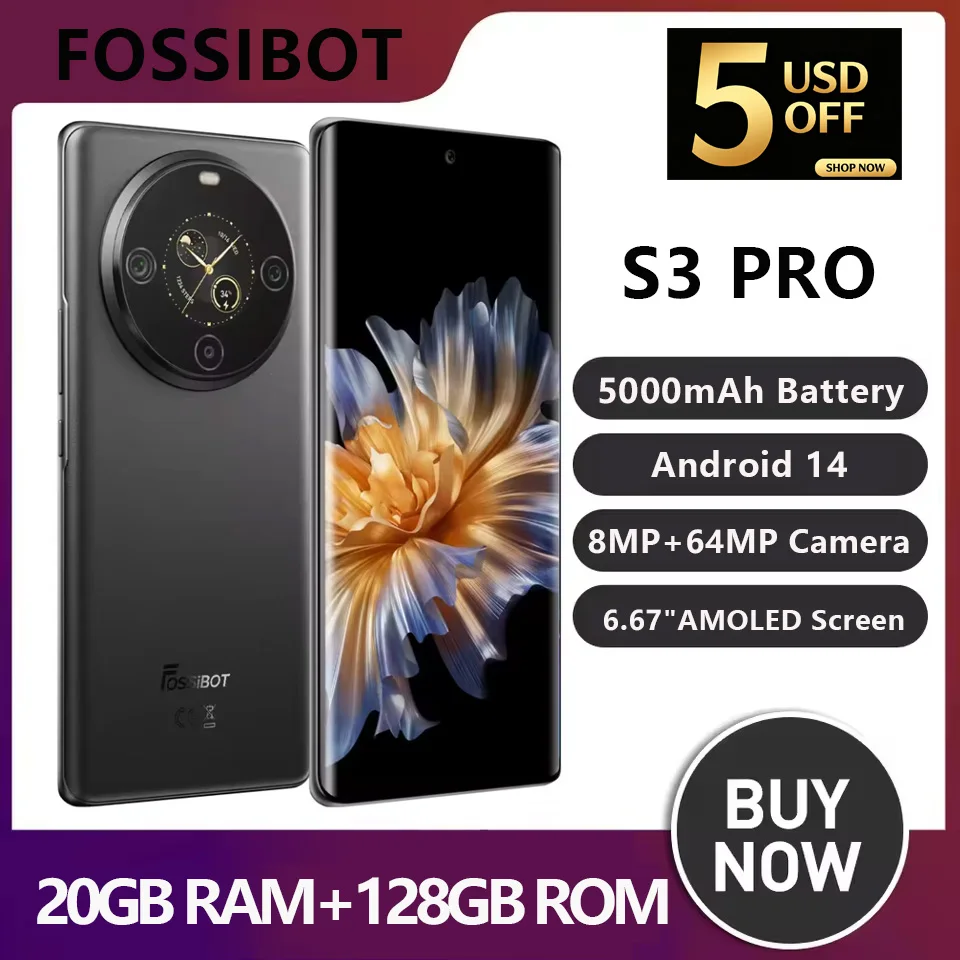 FOSSIBOT S3 PRO Smartphone 6.67 Inch Curved AMOLED Display 20+128GB Android14 5000mAh Battery 64MP Main Camera NFC 4G Cell Phone