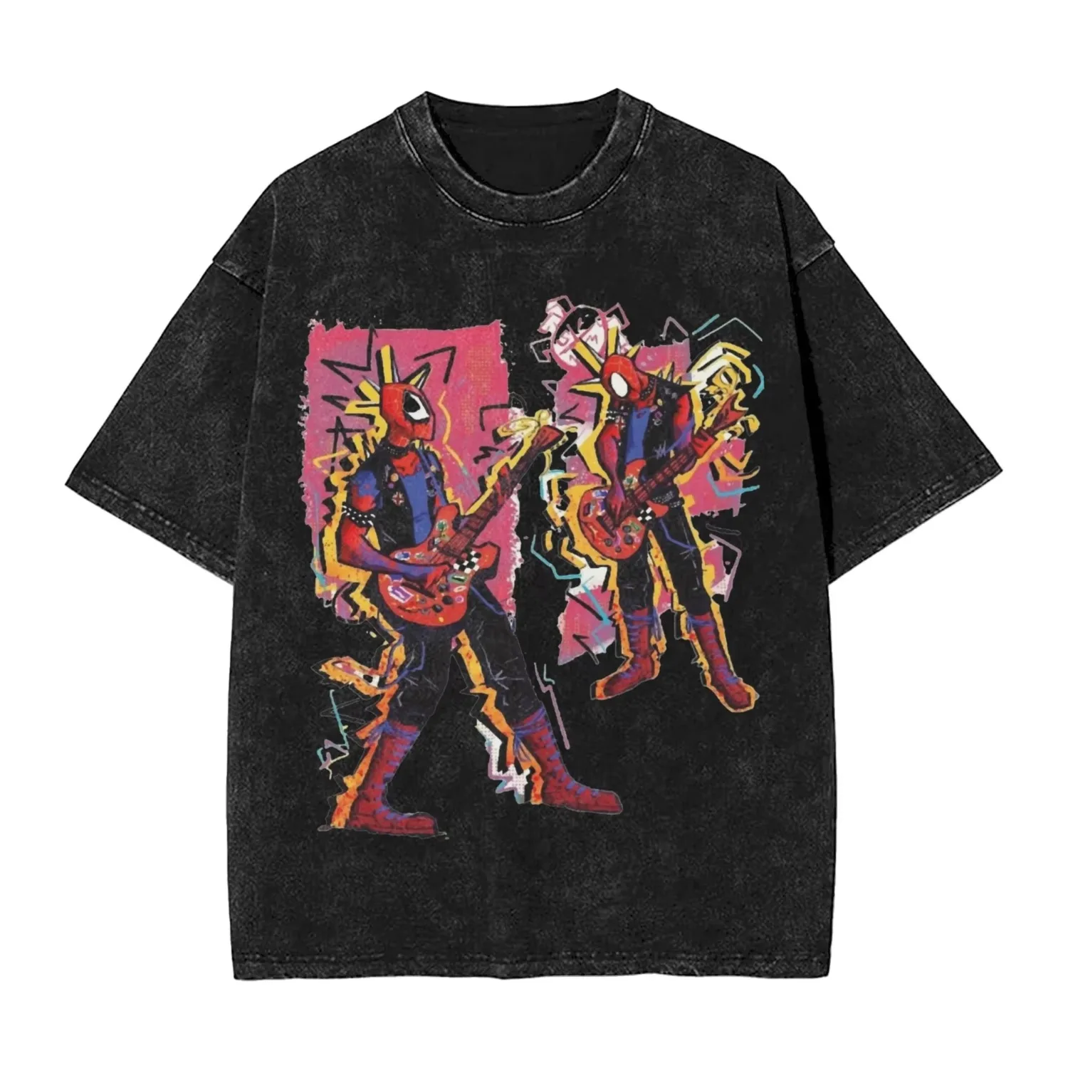 

2026 New Spider Punk Spiderman Cartoon Men's and Women's Universal Fashion Street-Wear Washed Style Pure Cotton T-Shirt