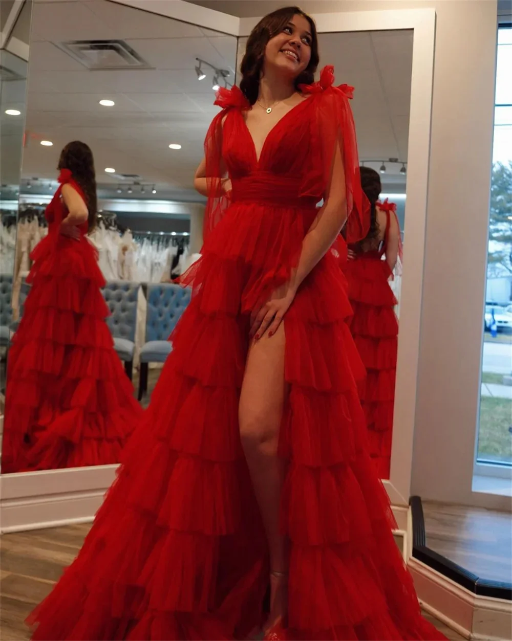 Sansa Formal Tiered Ruffle Red Tulle Eveing Dress Side Split Wedding Dresses Spaghetti Strap Bow Pleats vestidos de fiesta 2024